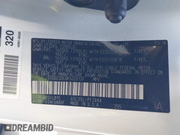 2019 Toyota Sienna XLE with VIN 5TDDZ3DC0KS220137, listed as a IAAI auction lot 41093022 with Not Provided miles and . Bid and sale history available at DreamBid. Image 9.