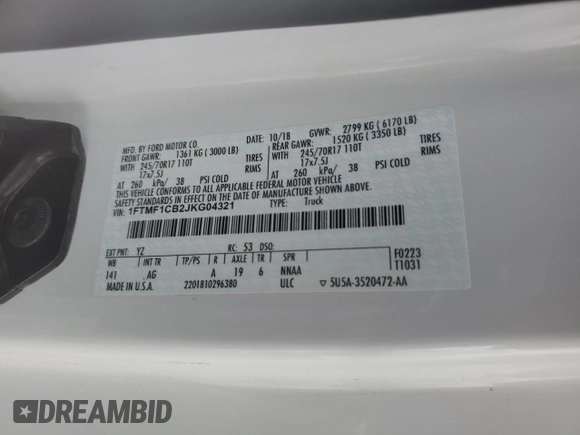 2018 Ford F-150 XL with VIN 1FTMF1CB2JKG04321, listed as a Copart auction lot 55343365 with 126,997 mi miles and Salvage title. Bid and sale history available at DreamBid. Image 13.