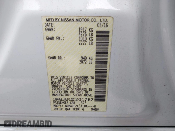 2016 Nissan Altima SL with VIN 1N4AL3AP1GC201767, listed as a IAAI auction lot 42050266 with 120,652 mi miles and . Bid and sale history available at carsss.com. Image 9.