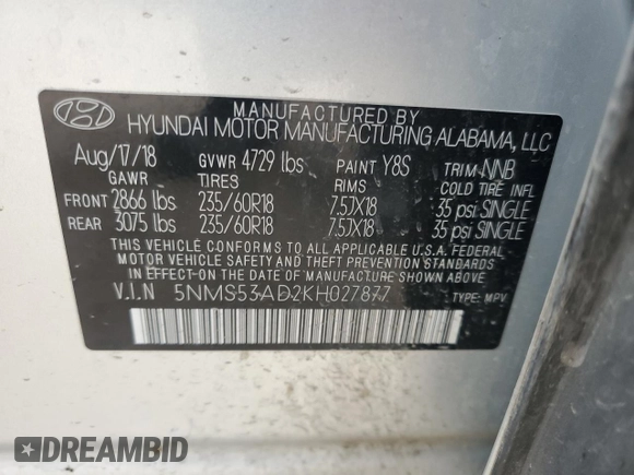 2019 Hyundai Santa Fe Limited with VIN 5NMS53AD2KH027877, listed as a Copart auction lot 51873095 with 105,587 mi miles and Clean Title. Bid and sale history available at carsss.com. Image 13.