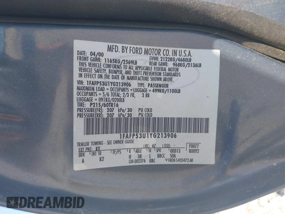 2000 Ford Taurus SE with VIN 1FAFP53U1YG213906, listed as a IAAI auction lot 42064922 with 117,043 mi miles and . Bid and sale history available at DreamBid. Image 9.