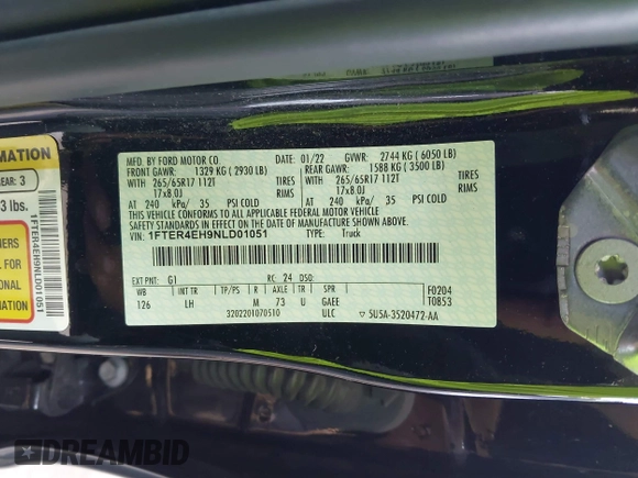 2022 Ford Ranger XL with VIN 1FTER4EH9NLD01051, listed as a IAAI auction lot 42363460 with 74,036 mi miles and . Bid and sale history available at DreamBid. Image 9.