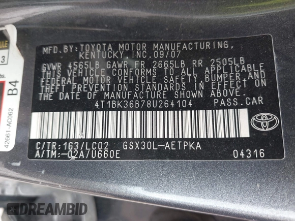 2008 Toyota Avalon XL with VIN 4T1BK36B78U264104, listed as a IAAI auction lot 41934012 with 193,881 mi miles. Bid and sale history available at carsss.com. Image 9.