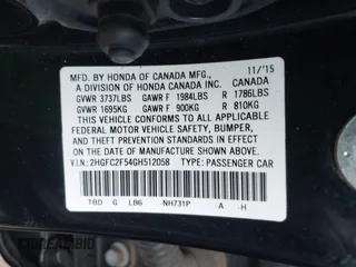 2016 Honda Civic Sedan LX with VIN 2HGFC2F54GH512058, listed as a IAAI auction lot 41818506 with 171,876 mi miles. Bid and sale history available at carsss.com. Image 9.