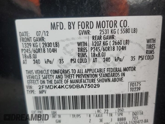 2013 Ford Edge Limited with VIN 2FMDK4KC9DBA75029, listed as a Copart auction lot 51822215 with 97,180 mi miles and Salvage Title. Bid and sale history available at carsss.com. Image 15.