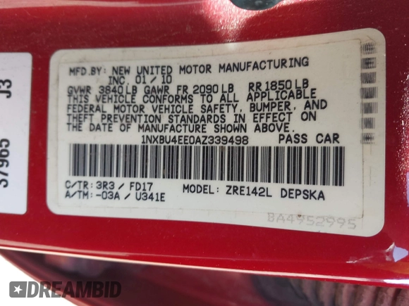 2010 Toyota Corolla with VIN 1NXBU4EE0AZ339498, listed as a IAAI auction lot 42109718 with 159,663 mi miles and . Bid and sale history available at DreamBid. Image 9.