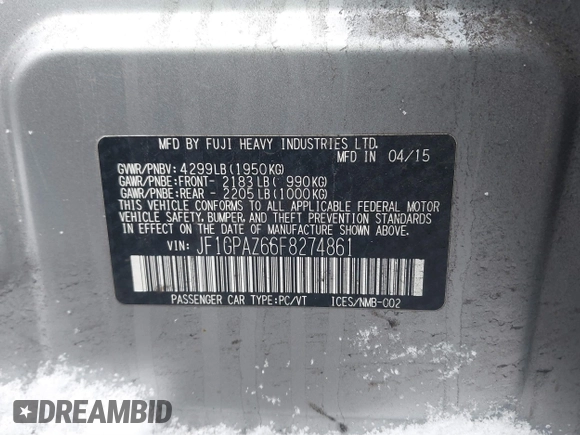 2015 Subaru Impreza Special Sports Limited с VIN JF1GPAZ66F8274861, выставлен на аукционе IAAI как лот 41566539 с пробегом 99 463 миль миль и . История ставок и продаж доступна на DreamBid. Изображение 9.