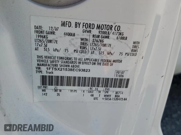 2008 Ford F-250 XL with VIN 1FTSX21538EC93823, listed as a Copart auction lot 55140655 with 341,550 mi miles and Salvage title. Bid and sale history available at DreamBid. Image 12.