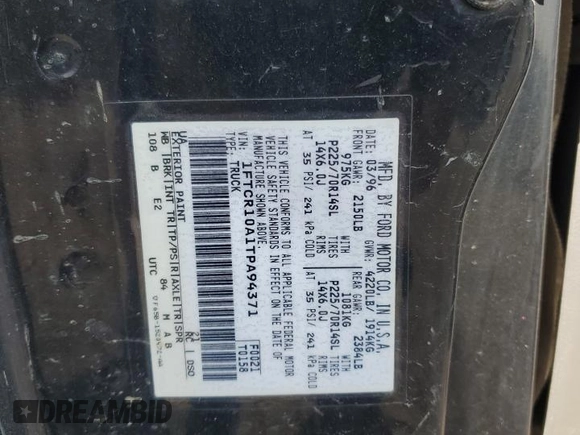 1996 Ford Ranger XL z VIN 1FTCR10A1TPA94371, wystawiony jako Copart lot #58902745 z przebiegiem 251 304 mil mil oraz Szkoda całkowita • Salvage title. Historia ofert i sprzedaży dostępna na DreamBid. Obrazek 12.