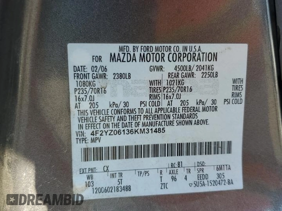2006 Mazda Tribute S with VIN 4F2YZ06136KM31485, listed as a Copart auction lot 75412344 with Not Provided miles and Salvage Title. Bid and sale history available at DreamBid. Image 14.