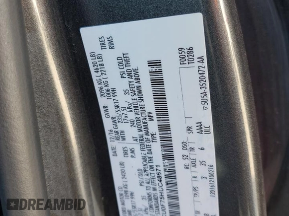 2017 Ford Escape S с VIN 1FMCU0F75HUC48671, выставлен на аукционе Copart как лот 56767755 с пробегом 163 853 миль миль и Списание • Salvage title. История ставок и продаж доступна на DreamBid. Изображение 13.