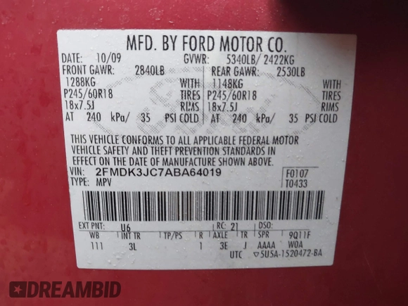 2010 Ford Edge SEL with VIN 2FMDK3JC7ABA64019, listed as a IAAI auction lot 41937308 with 121,579 mi miles. Bid and sale history available at carsss.com. Image 9.