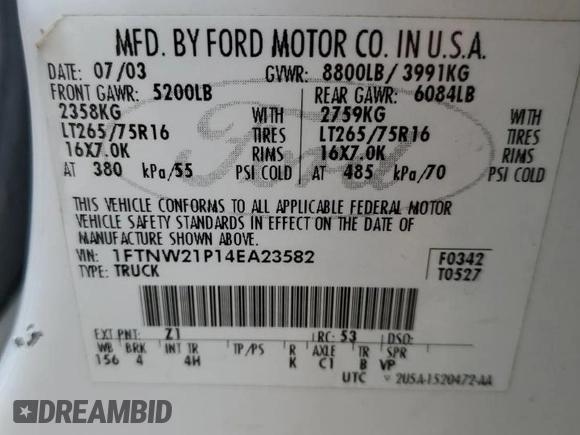 2004 Ford Super Duty F-250 XL with VIN 1FTNW21P14EA23582, listed as a Copart auction lot 62658954 with 205,382 mi miles and Salvage Title. Bid and sale history available at carsss.com. Image 12.