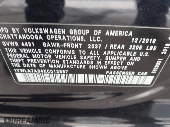 2019 Volkswagen Passat 2.0T Wolfsburg Edition with VIN 1VWLA7A34KC012887, listed as a IAAI auction lot 41792604 with 70,237 mi miles. Bid and sale history available at carsss.com. Image 9.