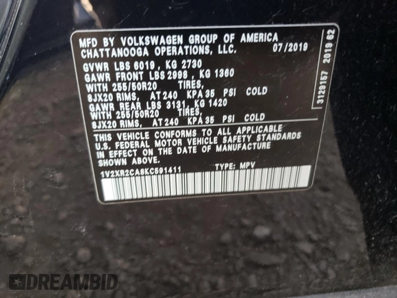 2019 Volkswagen Atlas SE z VIN 1V2XR2CA8KC591411, wystawiony jako Copart lot #65071173 z przebiegiem 14 637 mil mil oraz Szkoda całkowita • Salvage title. Historia ofert i sprzedaży dostępna na DreamBid. Obrazek 14.