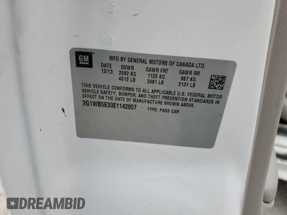 2014 Chevrolet Impala LT with VIN 2G1WB5E30E1142857, listed as a Copart auction lot 52650575 with 230,412 mi miles and Salvage Title. Bid and sale history available at DreamBid. Image 12.