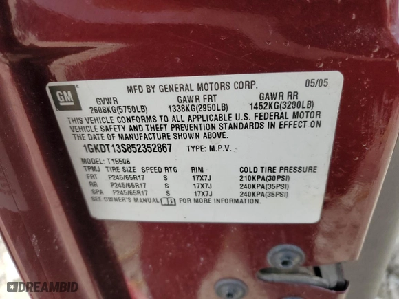 2005 GMC Envoy SLE with VIN 1GKDT13S852352867, listed as a Copart auction lot 49442655 with 220,653 mi miles and Non Repairable. Bid and sale history available at carsss.com. Image 12.