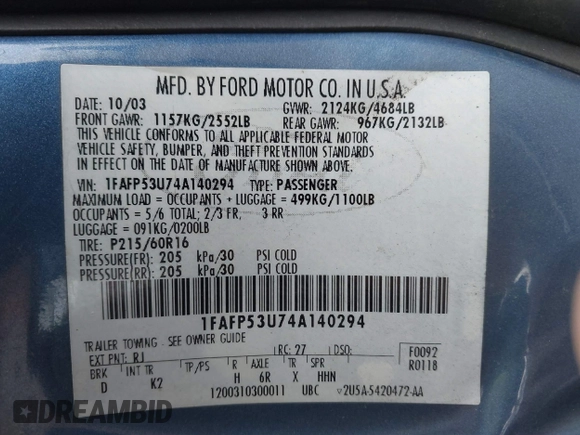 2004 Ford Taurus SE with VIN 1FAFP53U74A140294, listed as a IAAI auction lot 41630953 with Not Provided miles and . Bid and sale history available at DreamBid. Image 9.