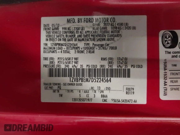 2013 Ford Mustang V6 with VIN 1ZVBP8EM7D5224564, listed as a IAAI auction lot 42148843 with 121,289 mi miles and . Bid and sale history available at DreamBid. Image 9.
