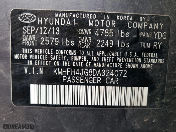 2013 Hyundai Azera with VIN KMHFH4JG8DA324072, listed as a Copart auction lot 75138294 with 120,232 mi miles and Clean Title. Bid and sale history available at carsss.com. Image 12.