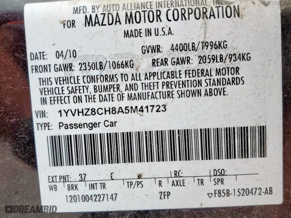 2010 Mazda Mazda6 i Touring Plus with VIN 1YVHZ8CH8A5M41723, listed as a Copart auction lot 51150955 with 104,466 mi miles and Salvage Title. Bid and sale history available at carsss.com. Image 12.