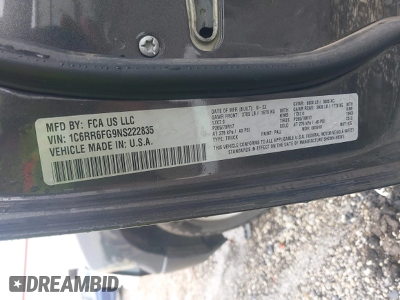 2022 Ram 1500 Tradesman z VIN 1C6RR6FG9NS222835, wystawiony jako IAAI lot #42156693 z przebiegiem 71 564 mil mil oraz . Historia ofert i sprzedaży dostępna na DreamBid. Obrazek 9.