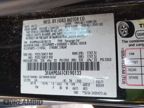 2012 Ford Fusion SEL z VIN 3FAHP0JA1CR190133, wystawiony jako IAAI lot #41209277 z przebiegiem 194 871 mil mil oraz . Historia ofert i sprzedaży dostępna na DreamBid. Obrazek 9.