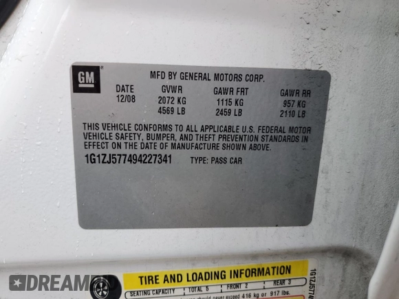 2009 Chevrolet Malibu 2LT with VIN 1G1ZJ577494227341, listed as a Copart auction lot 55244605 with 99,417 mi miles and Salvage Title. Bid and sale history available at DreamBid. Image 12.