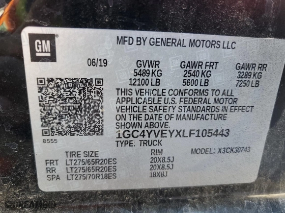2020 Chevrolet Silverado 3500HD High Country with VIN 1GC4YVEYXLF105443, listed as a Copart auction lot 52015675 with 73,070 mi miles and Salvage Title. Bid and sale history available at carsss.com. Image 12.