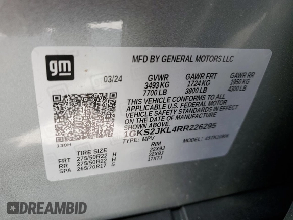 2024 GMC Yukon XL Denali with VIN 1GKS2JKL4RR226295, listed as a Copart auction lot 76113274 with 6,676 mi miles and Salvage Title. Bid and sale history available at carsss.com. Image 13.