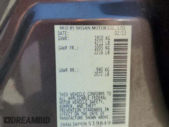 2013 Nissan Altima S with VIN 1N4AL3AP4DN519849, listed as a Copart auction lot 53166715 with 210,407 mi miles and Salvage Title. Bid and sale history available at DreamBid. Image 12.