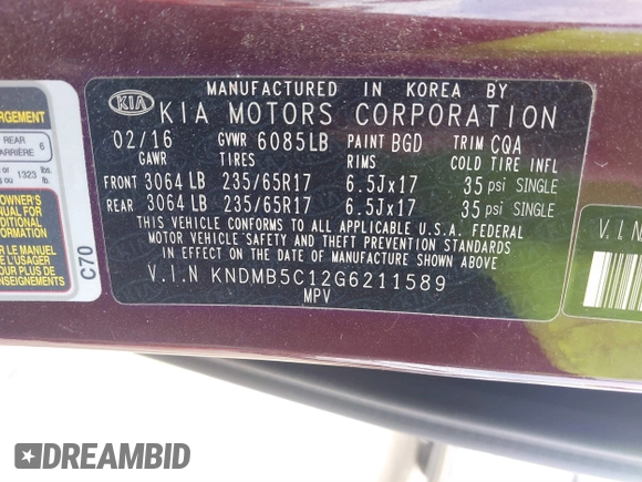 2016 Kia Sedona LX with VIN KNDMB5C12G6211589, listed as a IAAI auction lot 41786770 with 87,114 mi miles. Bid and sale history available at carsss.com. Image 9.