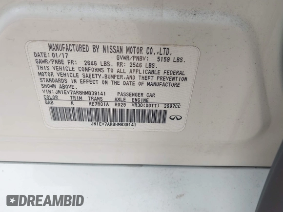 2017 Infiniti Q50 3.0t Premium with VIN JN1EV7AR8HM839141, listed as a IAAI auction lot 41803774 with 109,893 mi miles. Bid and sale history available at carsss.com. Image 9.