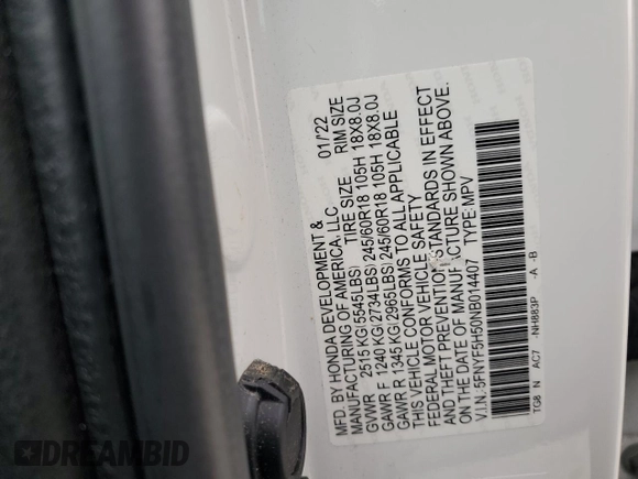 2022 Honda Pilot EX-L with VIN 5FNYF5H50NB014407, listed as a Copart auction lot 60507325 with 71,067 mi miles and Salvage title. Bid and sale history available at DreamBid. Image 13.