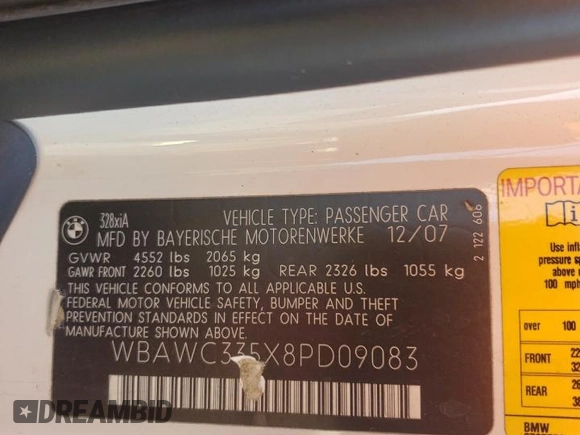 2008 BMW 3 Series 328xi z VIN WBAWC335X8PD09083, wystawiony jako Copart lot #85683234 z przebiegiem 152 670 mil mil oraz Szkoda całkowita • Salvage title. Historia ofert i sprzedaży dostępna na DreamBid. Obrazek 14.