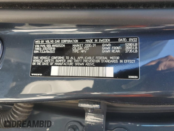 2022 Volvo XC60 Inscription with VIN YV4L12DL4N1025234, listed as a Copart auction lot 52458515 with Not provided miles and Salvage title. Bid and sale history available at DreamBid. Image 13.