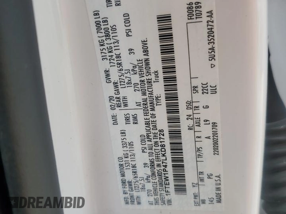 2020 Ford F-150 с VIN 1FTEW1P47LKD81728, выставлен на аукционе Copart как лот 49642305 с пробегом 72 312 миль миль и На запчасти • Non repairable. История ставок и продаж доступна на DreamBid. Изображение 13.