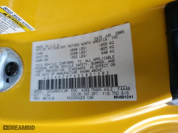 2009 Mitsubishi Eclipse GS with VIN 4A3AK24F89E021202, listed as a Copart auction lot 74162734 with 95,719 mi miles and Salvage Title. Bid and sale history available at carsss.com. Image 12.