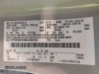 2021 Ford Ranger XL с VIN 1FTER4EH5MLD64100, выставлен на аукционе IAAI как лот 42673266 с пробегом 44 573 миль миль и . История ставок и продаж доступна на DreamBid. Изображение 9.