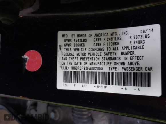 2015 Honda Accord Touring with VIN 1HGCR3F92FA002055, listed as a IAAI auction lot 40930409 with 161,933 mi miles and . Bid and sale history available at DreamBid. Image 9.