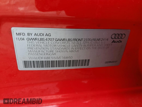 2005 Audi A4 2.0T z VIN WAUDF68E55A416840, wystawiony jako Copart lot #46337995 z przebiegiem 224 562 mil mil oraz Szkoda całkowita • Salvage title. Historia ofert i sprzedaży dostępna na DreamBid. Obrazek 12.