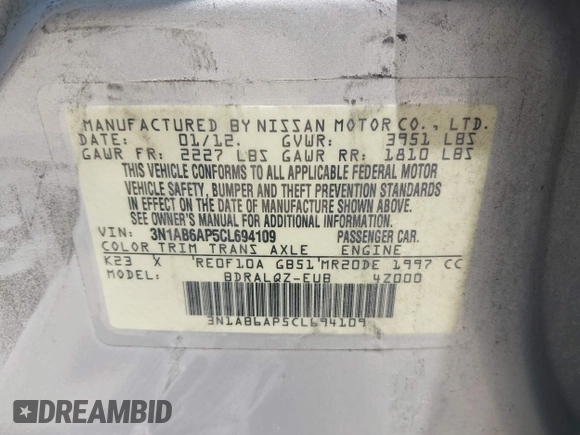 2012 Nissan Sentra SL с VIN 3N1AB6AP5CL694109, выставлен на аукционе IAAI как лот 42327500 с пробегом 114 473 миль миль и . История ставок и продаж доступна на DreamBid. Изображение 9.