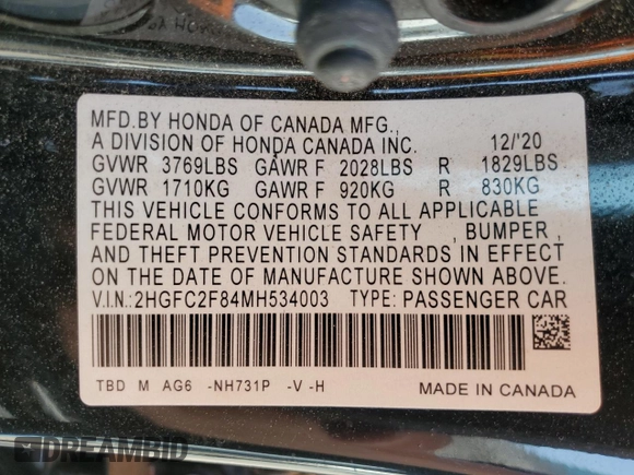 2021 Honda Civic Sedan Sport with VIN 2HGFC2F84MH534003, listed as a Copart auction lot 49717175 with 78,330 mi miles and Salvage Title. Bid and sale history available at carsss.com. Image 12.