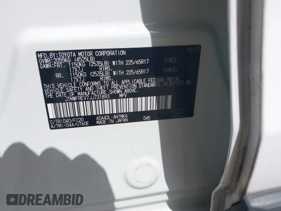 2018 Toyota RAV4 XLE with VIN JTMWFREV7JJ731893, listed as a IAAI auction lot 41567850 with 141,269 mi miles. Bid and sale history available at carsss.com. Image 9.