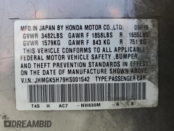 2017 Honda Fit EX with VIN JHMGK5H79HS001542, listed as a Copart auction lot 58732445 with 117,936 mi miles and Salvage title. Bid and sale history available at DreamBid. Image 13.