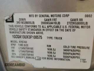 2003 Chevrolet Silverado 1500HD LS z VIN 1GCGK13UX3F108575, wystawiony jako Copart lot #74129704 z przebiegiem 164 308 mil mil oraz Szkoda całkowita • Salvage title. Historia ofert i sprzedaży dostępna na DreamBid. Obrazek 14.