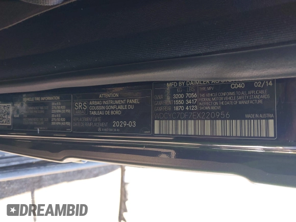 2014 Mercedes-Benz G 63 AMG with VIN WDCYC7DF7EX220956, listed as a IAAI auction lot 42272984 with 129,893 mi miles and . Bid and sale history available at DreamBid. Image 9.