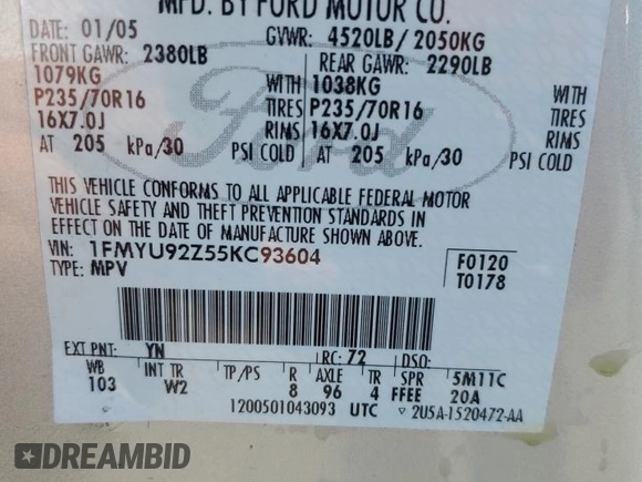 2005 Ford Escape XLS Value with VIN 1FMYU92Z55KC93604, listed as a Copart auction lot 60104145 with 86,788 mi miles and Salvage title. Bid and sale history available at DreamBid. Image 13.