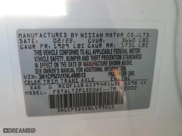 2022 Nissan Kicks SR with VIN 3N1CP5DVXNL499513, listed as a Copart auction lot 42601555 with 52,186 mi miles and Salvage Title. Bid and sale history available at carsss.com. Image 14.