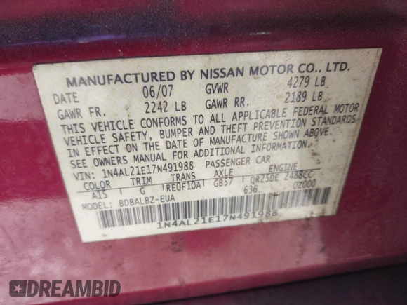 2007 Nissan Altima 2.5 with VIN 1N4AL21E17N491988, listed as a IAAI auction lot 41755020 with 248,640 mi miles. Bid and sale history available at carsss.com. Image 9.